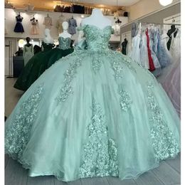 Elbiseler tozlu yeşil 3d çiçek quinceanera aplike ile omuzdan boncuklu özel yapılmış süpürme treni TULED TULE TUT 15 16 Prenses Pageant Balow