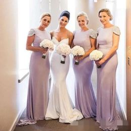 Sleeves 2020 New Dress Lilac Bridesmaid Capped Elegant Mermaid Sweep Train Chiffon Jewel Neck Beaded Waist Custom Made Maid Of Honor Gown