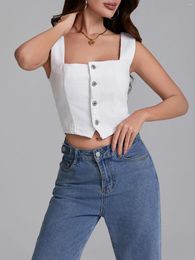 Women's Tanks Summer Denim Tank Tops For Women Solid Colour Slim Fit Button Crop Square Neck Sleeveless Backless Vest Party Club