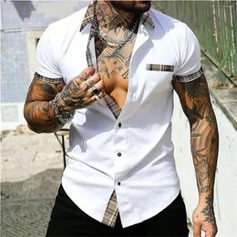 Men's Casual Shirts Solid Colour Patchwork Lapel Button Up Shirt Fashionable Hawaiian Short Sleeved Summer Street High-quality Clothing