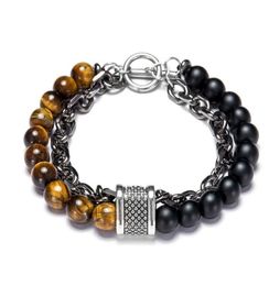 2 Layers Mens Bracelet Agate Turquoise Tiger Eye Stone Beaded Bracelet OT Buckle Stainless steel Chain Fashion Accessories2938466