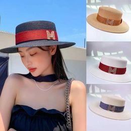 Wide Brim Hats Bucket Hats New Womens Summer Simple Wide Edge Flat Top Womens Str Hat M-label Beach Accessories Sun Hat UV Protection Travel Hat J240429