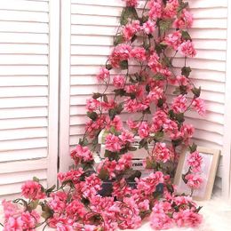 Dried Flowers 2.3m Artificial Flowers Long Vine Cherry Blossom Hanging Ivy String Garland Wall Rattan Cheap Wedding Home Decor Fake Plants