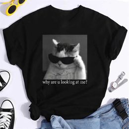 Women's T-Shirt 2023 Womens Cartoon T-shirt Summer Cute Cat Print Breathable Short sleeved O-neck Top Couple Street Loose Clothes Y2K TopL2403