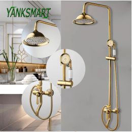 Set Yanksmart Gold Bathroom Rainfall Shower Faucet Set Wall Mounted Round Handshower Concealed Install Single Mixer Water Tap