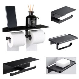 Set Matte Black Double Toilet Roll Paper Holder Bathroom Accessories Wc Towel Holder Rack Shelf Aluminium Material