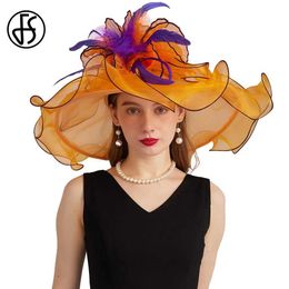 Wide Brim Hats Bucket Hats FS 2024 Organza Cap Kentucky Derby Hats For Women With Mesh Feather Flower Female Sombrero Wedding Bride ST Patricks Fedora Y240426