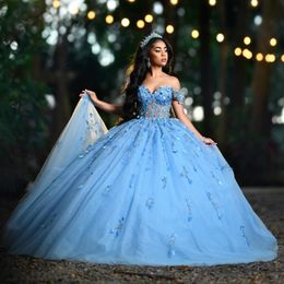 Sky Blue Shiy Princess Purple Quinceanera Dresses Off the Shoulder Ball Gown 2024 Sweet 16 Dress Appliques Lace Beads 15th Party Gown