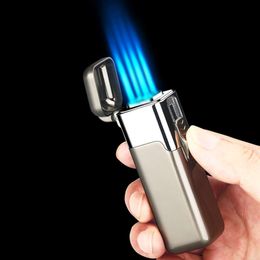 Custom Business Gift Four Straight Blue Flame Iatable Windproof Cigarette Cigar Butane Without Gas Lighter