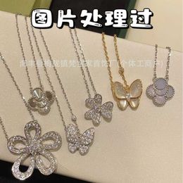 Van Cl ap classic High Quality Fanjia Necklace Hot selling Big Flower Clover White Shell Butterfly Full Diamond