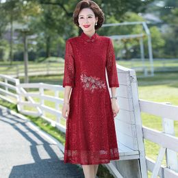 Party Dresses Red Festive Wedding Cheongsam Dress Vestidos Elegant Lace Qipao Embroidered Half Sleeves Midi Women Bodycon Vestid