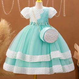 Girl's Dresses New Cute Girl Polka Dot Mesh Princess Dress Bubble Sleeves Beaded Sticker Wedding Flower Girl Birthday Party Dress with Bag