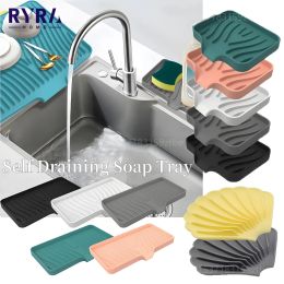 Dishes Self Draining Soap Bar Holder Bathroom Silicone Soap Dish Tray Kitchen Countertop Sink Splash Drying Mat Sponge Drain Pad Rack