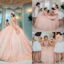 Lantejoulas de bola rosa quinceanera vestido vestido de jóia de jóia de miçangas brilhantes do ombro vestido formal de concurso de 16 anos