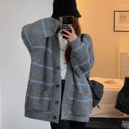 Women's Knits Korean Style Striped Cardigans Women 2024 Autumn V Neck Sweater Cardigan Woman Loose Single Breasted Long Sleeve Knitwear Tops