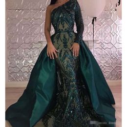 Sequins Mermaid Dark Overskirts Dresses Green Prom Beaded Satin Detachable Train Formal Evening Gown One Side Long Sleevs Party Dress