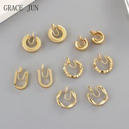 GRACE JUN Top quality 18K Gold Color Mosquito Coil Clip on Hoop Earrings C Shape Copper Cuff Ear 240418