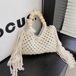 Evening Bags Beaded Handle Woven For Women Tassel Crochet Handbags Designer Handmade Knitting Tote Bohemian Hollow Rope Beach Bag Clutch