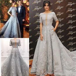 Elbiseler Kısa 2019 Dantel Sier Kollu Prom Aplike Kepçe Boyun Süpürme Tren Organza Formal OCN Wear Akşam Partisi önlükleri