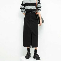 Skirts Womens split style denim leather high waisted loose A-line elegant Korean black dress fashionable mid length skirt for autumn 2023L2429