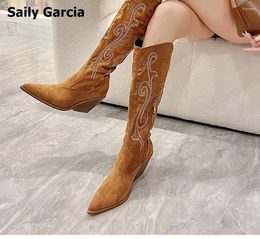 Boots Retro Brown Kid Suede Embroidered High Point Toe Square Heels Cowboy 2024 Fall/Wiinter Knee Women Modren