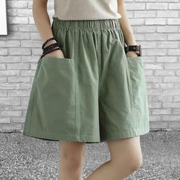 Women's Shorts High Waist Elastic Waistband Pockets Women Summer Straight Wide Leg Casual Streetwear Female Clothing