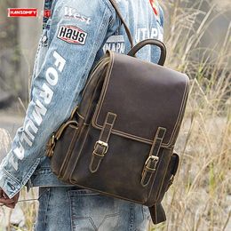 Backpack Casual Leather Men's Shoulder Laptop Bag Men Travel Backpacks Retro Crazy Horse Schoolbag