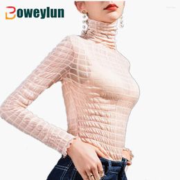 Women's T Shirts Boweylun Stacked Collar Plaid Lace Mesh Bottoming Shirt Women Slim Inner Long-sleeved Grils