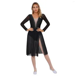 Stage Wear Womens Lyrical Dance Dress 2024 Long Sleeve Rhinestones Sheer Mesh Patchwork Side Split Leotard Dresses Latin Modern Dancewear