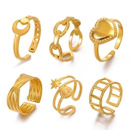 Gold Stainless Steel Rings Elegant Star Moon Motif Classic Trendy Fried Dough Twist Double Adjustable Opening Rings For Women Jewellery