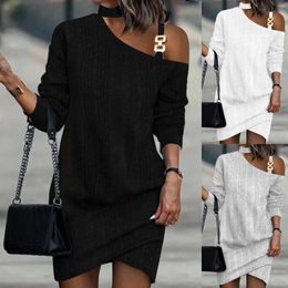 Casual Dresses 2024 Spring And Autumn Women's Fashion Long Sleeve Chain Hanging Neck Solid Colour Versatile Dress