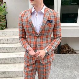 Men's Suits ( Jacket Pants ) Casual Formal Business Slim Suit Two Piece Set Grid Groom Wedding Dress