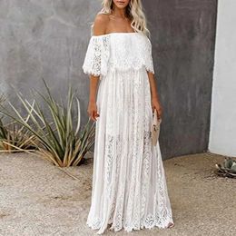 Maternity Dresses White lace maternity outfit for photo shoots summer V-neck baby shower suit photography Maxi dress Q240427