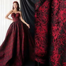 1x1.55m Embossed Black Dark Red 3D Rose Jacquard Yarn Dyed Vintage Floral Fabric for Womens Dress Suit Bag DIY Sewing Clothing 240422