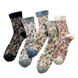 Women Socks 5 Pair Transparent Breathable Cute Print Flower Spring Summer Thin Cool Middle Tube Korean Style Sexy Fashion