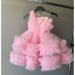 Neck Flower Sheer Dresses Pink Ball Gown Tulle Tiers Beaded Vintage Lit Tle Girl Peageant Dress Gowns Zj405 s