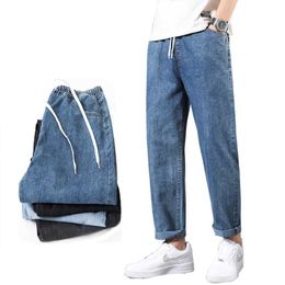Men's Jeans New Mens Blue Spring and Autumn Leisure Elastic Waist Straight Trousers Daily Q240427
