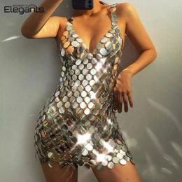 Casual Dresses Sexy Metal Sequin Bling Evening Party Club Dress Women Shiny Backless Strap Mini Fashion Dot Clothes Female Gifts 2024