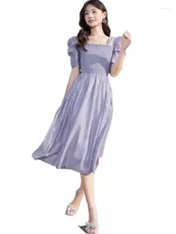 Party Dresses Korean Fashion Elastic Slim Fit Puff Sleeve Artificial Silk Dress Summer Fairy Lyocell Autunm Lavender
