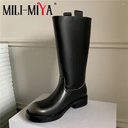 Boots MILI-MIYA Classic Comfortable Wide Leg Round Toe Women Cow Leather Knee High Slip On Solid Colour Thick Heels Casual Street