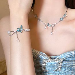 Bracelet & Necklace Blue Series Oil Dripping Butterfly Pearl Inlaid Diamond Necklace Set Spicy Girl Sweet Cool Style Collarbone Chain Personalized and Highend