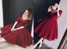 Dark Red Full Lace Short Evening Dress With Sleeves Aline Tea Length Vintage Bridal Gowns 50s Beach Prom Party Dresses 20187823584