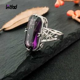 Band Rings 925 Sterling Silver Ring 10 * 20mm Large Amethyst Ring with Hollow Design Exquisite Jewellery Womens Fashion Finger Ring Q240427