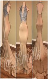Silver Gold Champagne Prom Dresses Mermaid Sexy Backless Halter Neck Formal African Black Girls Evening Dress Pageant Gowns7780864