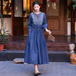 Party Dresses Women Drawstring Slim-type Denim Dress 2024 Spring O-Neck Embroidery Long-sleeved Retro Casual