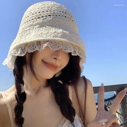 Wide Brim Hats Korean French Lace Strap Straw Hat Seaside Beach Women's Spring Summer Woven Hollow Breathable Sunscreen Sun Cap