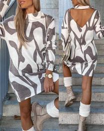 Basic Casual Dresses Designer Dress S3002 Autumn/Winter Fashion Print Backless Long sleeved Dress