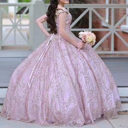 Pink Shiny Ball Gown Quinceanera Dress 2024 Appliques Lace Beads Crystal Off Shoulder Sweet 16 Years Vestidos 15 De XV Anos