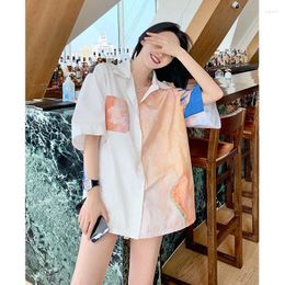 Women's Blouses Vacation Style Short Sleeved Shirt 2024 Women Summer Irregular Oil Painting Print Artistic Casual Niche Loose Polo Neck