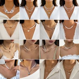 New Designed Retro Pearl Splicing Neck Chain Necklaces Female Sweet Round Bead Chain Layered Choker Necklace Jewelry Wedding Birthday Festival Gift